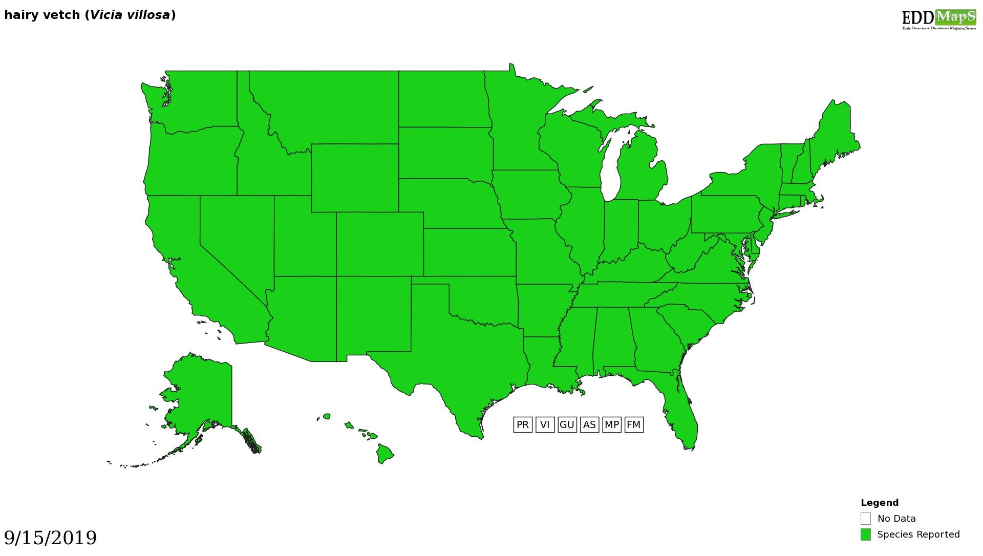Hairy vetch distribution - United States